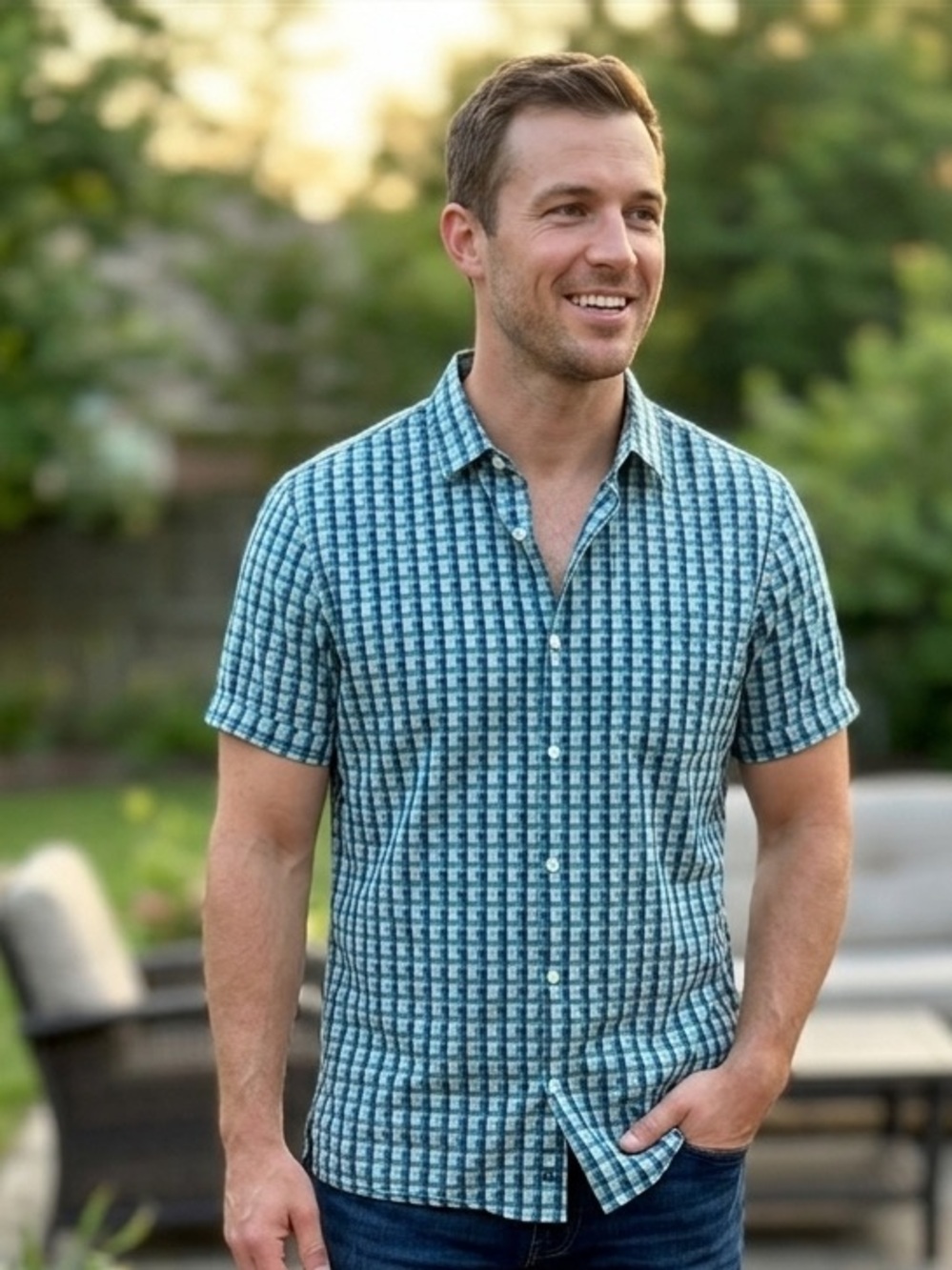 Perry Ellis Men's Plaid Button Down Shirt Short Sleeve Blue Green Gingham size L